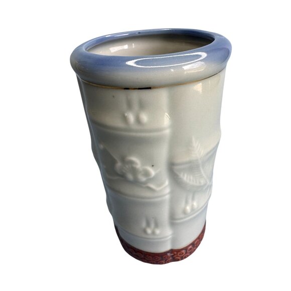 Handcrafted Ceramic Bamboo-Inspired Vase With Red & Gold Dragonfly Design Japan - Picture 4 of 7